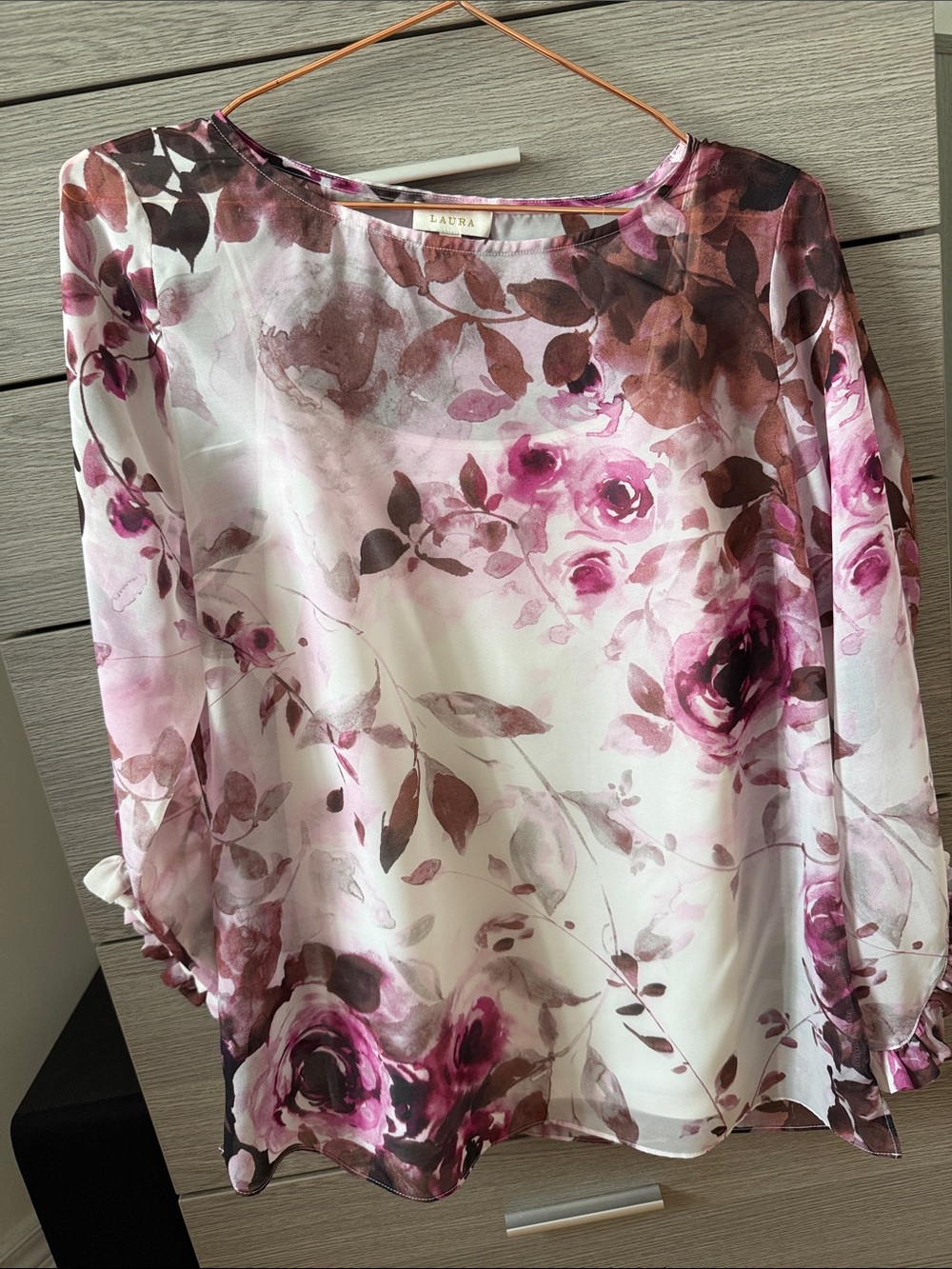 Laura Floral Sheer Boatneck Blouse in Pink and Brown